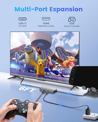 منصة Switch 2 مع كابل HDMI 2.1 مدمج بطول 6 أقدام، ومحطة إرساء تلفزيون USB C محمولة 4K@120 هرتز لجهاز Nintendo Switch 2، ومنصة سفر صغيرة من الألومنيوم بقدرة 100 واط لـ Switch 2، وسطح البخار، وROG Ally in Kuwait