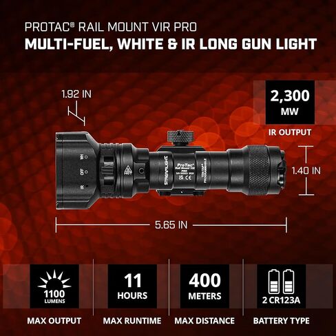 Streamlight 88138 ProTac Rail Mount VIR Pro 1100-Lumen 40,000-Candela ضوء سلاح قابل لإعادة الشحن، أبيض وإضاءة IR، متوافق مع Picatinny وM-LOK، أسود in Saudi Arabia