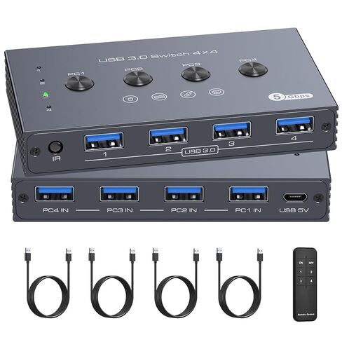 USB 3.2 Switch 4 أجهزة كمبيوتر مشاركة 4 أجهزة USB 4 منفذ USB الجلاد للطابعة الماسح الضوئي ولوحة مفاتيح الماوس مع جهاز التحكم عن بعد والكابلات in Saudi Arabia