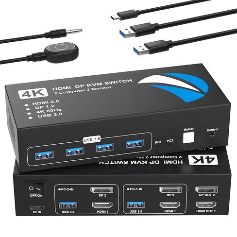 HDMI DisplayPort KVM Switch 2 شاشات 2 جهاز كمبيوتر، 4K @ 60 هرتز شاشة مزدوجة KVM مفاتيح HDMI DisplayPort لجهازي كمبيوتر مشاركة شاشتين و4 أجهزة USB لمحرك الأقراص الصلبة لطابعة Keybord Mouse in Kuwait