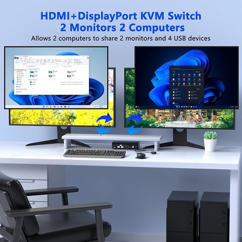 HDMI DisplayPort KVM Switch 2 شاشات 2 جهاز كمبيوتر، 4K @ 60 هرتز شاشة مزدوجة KVM مفاتيح HDMI DisplayPort لجهازي كمبيوتر مشاركة شاشتين و4 أجهزة USB لمحرك الأقراص الصلبة لطابعة Keybord Mouse in Kuwait