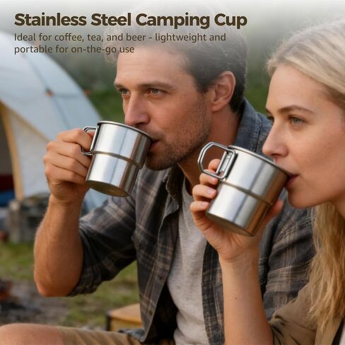 Joyibay 4 Pcs Stainless Steel Camping Cups, 10 oz Portable Stackable Mugs with Folding Handle, Rustproof Drinkware for Outdoor Adventures, Hiking, Fishing, Backpacking in Saudi Arabia