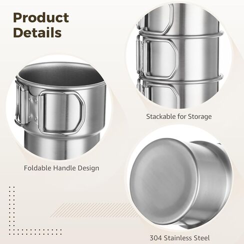 Joyibay 4 Pcs Stainless Steel Camping Cups, 10 oz Portable Stackable Mugs with Folding Handle, Rustproof Drinkware for Outdoor Adventures, Hiking, Fishing, Backpacking in Saudi Arabia