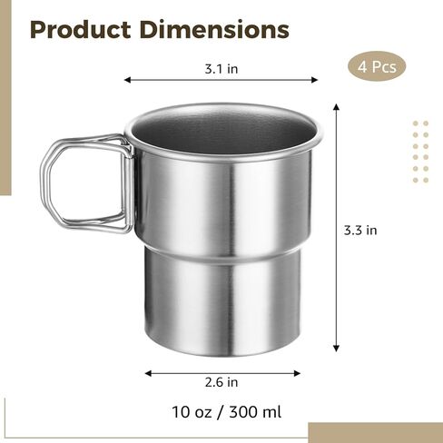 Joyibay 4 Pcs Stainless Steel Camping Cups, 10 oz Portable Stackable Mugs with Folding Handle, Rustproof Drinkware for Outdoor Adventures, Hiking, Fishing, Backpacking in Saudi Arabia