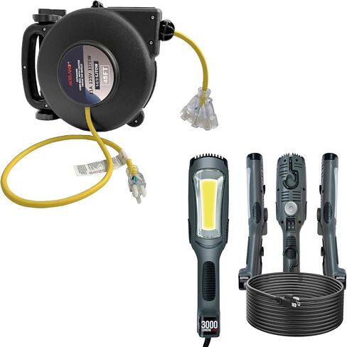 14 Gauge 45 FT SJTOW Retractable Extension Cord, Heavy Duty Power Cord, 11 Amp 125V 1375W with 3000 Lumen 25ft 116AWG 3C SJTW Cord Handheld Outdoor Work Light for Garage, Workshop, Car Repair Scene in Saudi Arabia