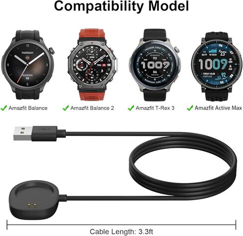 شاحن لـ Amazfit Balance 2/Balance/Active Max/T-Rex 3/Helio Strap Fitness Tracker (2025)، شاحن بديل للساعة الذكية بطول 3.3 قدم سلك كابل شحن مغناطيسي USB in Kuwait