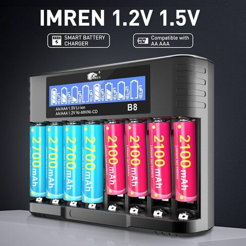8-Slot Smart Battery Charger with LCD Display & USB-C Cable - Fast 8-Slot Simultaneous Charger for AA AAA Ni-MH/Ni-CD/Li-ion, Bulk Station for/Office (Compatible with 1.2V/1.5V/3.7V Rechargeables) in Saudi Arabia