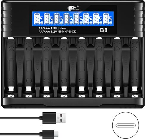 8-Slot Smart Battery Charger with LCD Display & USB-C Cable - Fast 8-Slot Simultaneous Charger for AA AAA Ni-MH/Ni-CD/Li-ion, Bulk Station for/Office (Compatible with 1.2V/1.5V/3.7V Rechargeables) in Saudi Arabia
