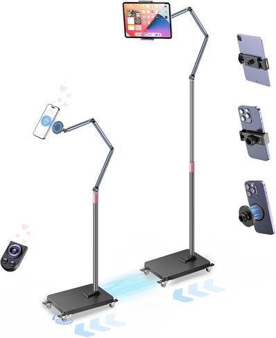 Rolling Tablet Floor Stand with Wheels, Adjustable Aluminum Arm & 360° Rotation, Magnetic Phone Holder with Remote, iPad Floor Stand for Bed, Compatible with 4.7-15.6" iPad, Phone, Kindle & Tablets in Saudi Arabia