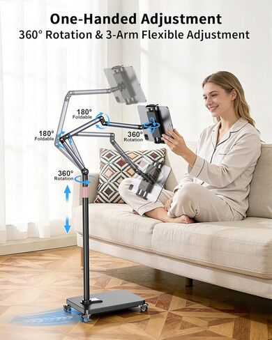 Rolling Tablet Floor Stand with Wheels, Adjustable Aluminum Arm & 360° Rotation, Magnetic Phone Holder with Remote, iPad Floor Stand for Bed, Compatible with 4.7-15.6" iPad, Phone, Kindle & Tablets in Saudi Arabia