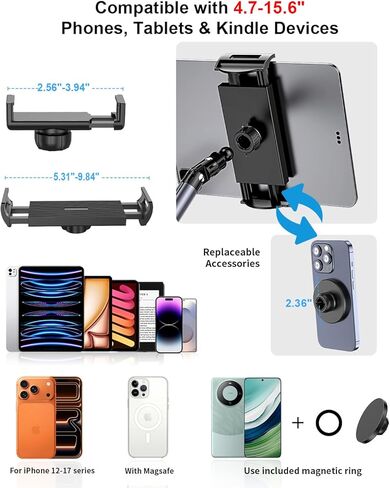 Rolling Tablet Floor Stand with Wheels, Adjustable Aluminum Arm & 360° Rotation, Magnetic Phone Holder with Remote, iPad Floor Stand for Bed, Compatible with 4.7-15.6" iPad, Phone, Kindle & Tablets in Saudi Arabia