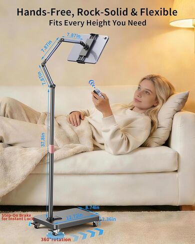 Rolling Tablet Floor Stand with Wheels, Adjustable Aluminum Arm & 360° Rotation, Magnetic Phone Holder with Remote, iPad Floor Stand for Bed, Compatible with 4.7-15.6" iPad, Phone, Kindle & Tablets in Saudi Arabia