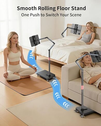 Rolling Tablet Floor Stand with Wheels, Adjustable Aluminum Arm & 360° Rotation, Magnetic Phone Holder with Remote, iPad Floor Stand for Bed, Compatible with 4.7-15.6" iPad, Phone, Kindle & Tablets in Saudi Arabia