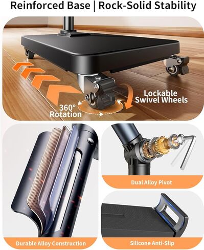 Rolling Tablet Floor Stand with Wheels, Adjustable Aluminum Arm & 360° Rotation, Magnetic Phone Holder with Remote, iPad Floor Stand for Bed, Compatible with 4.7-15.6" iPad, Phone, Kindle & Tablets in Saudi Arabia