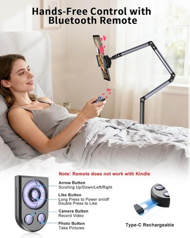 Rolling Tablet Floor Stand with Wheels, Adjustable Aluminum Arm & 360° Rotation, Magnetic Phone Holder with Remote, iPad Floor Stand for Bed, Compatible with 4.7-15.6" iPad, Phone, Kindle & Tablets in Saudi Arabia