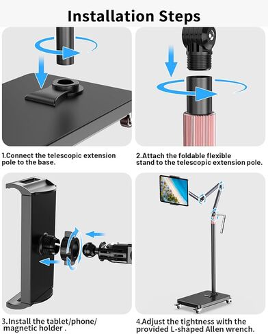 Rolling Tablet Floor Stand with Wheels, Adjustable Aluminum Arm & 360° Rotation, Magnetic Phone Holder with Remote, iPad Floor Stand for Bed, Compatible with 4.7-15.6" iPad, Phone, Kindle & Tablets in Saudi Arabia