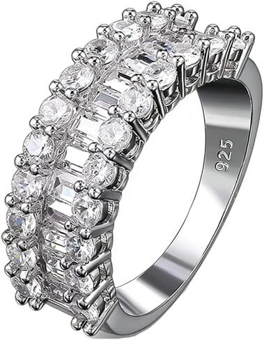 Luxury Sparkling 925 Sterling Silver Shiny Full Diamond Tiny Baguette Ring CZ Diamond Multi Row Ring Eternity Engagement Wedding Band Ring for Women ST.430 in Saudi Arabia