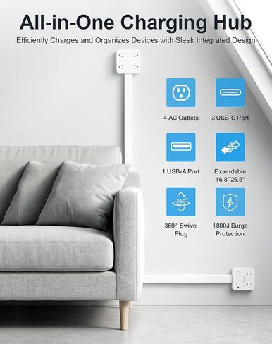 Electrical Outlet Extender Stick, 4 AC Outlets, 1 USB-A & 3 USB-C (PD20W), 1675W Power, 180° Rotation, 52cm Adjustable Length, Surge Protection, Ideal for Desks, Nightstands & More in Saudi Arabia