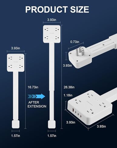 Electrical Outlet Extender Stick, 4 AC Outlets, 1 USB-A & 3 USB-C (PD20W), 1675W Power, 180° Rotation, 52cm Adjustable Length, Surge Protection, Ideal for Desks, Nightstands & More in Saudi Arabia