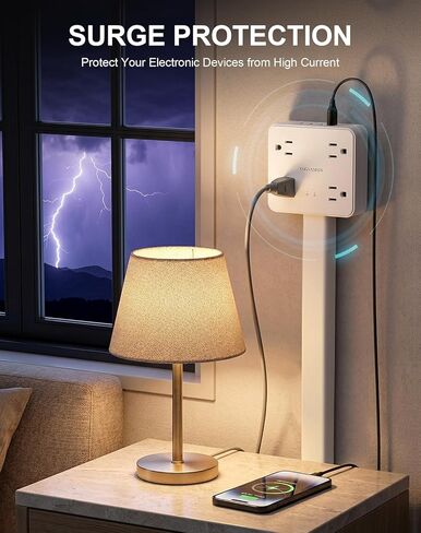 Electrical Outlet Extender Stick, 4 AC Outlets, 1 USB-A & 3 USB-C (PD20W), 1675W Power, 180° Rotation, 52cm Adjustable Length, Surge Protection, Ideal for Desks, Nightstands & More in Saudi Arabia