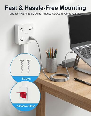 Electrical Outlet Extender Stick, 4 AC Outlets, 1 USB-A & 3 USB-C (PD20W), 1675W Power, 180° Rotation, 52cm Adjustable Length, Surge Protection, Ideal for Desks, Nightstands & More in Saudi Arabia
