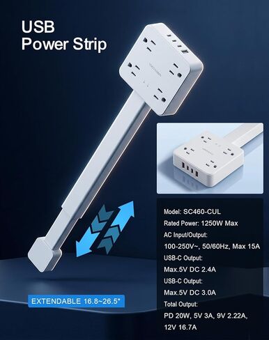 Electrical Outlet Extender Stick, 4 AC Outlets, 1 USB-A & 3 USB-C (PD20W), 1675W Power, 180° Rotation, 52cm Adjustable Length, Surge Protection, Ideal for Desks, Nightstands & More in Saudi Arabia