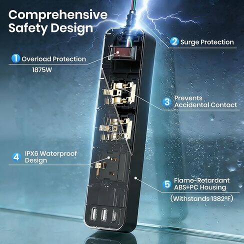 Outdoor Power Strip Weatherproof, IPX6 Waterproof Surge Protector, Shockproof with 3 Wide Outlet & 3 USB Ports, 6FT Long Extension Cord, Wall Mountable for Outdoor Garden, Patio & Camping (6 FT) in Saudi Arabia