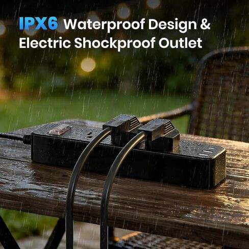 Outdoor Power Strip Weatherproof, IPX6 Waterproof Surge Protector, Shockproof with 3 Wide Outlet & 3 USB Ports, 6FT Long Extension Cord, Wall Mountable for Outdoor Garden, Patio & Camping (6 FT) in Saudi Arabia