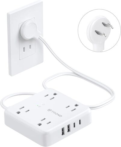 TROND 2 Prong Power Strip, 2 to 3 Prong Outlet Adapter, 5ft Extension Cord Polarized Flat Plug, 8 AC 4 USB 1625W, 1440J Surge Protector, Wall Mount, Ideal for Old House Non-Grounded Outlets, White in Saudi Arabia