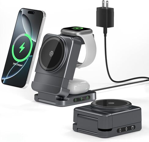 شاحن لاسلكي 3 في 1، محطة شحن قابلة للطي لشحن أجهزة Apple Samsung المتعددة، حامل شحن مغناطيسي، محطة شحن محمولة سريعة السفر بقدرة 15 وات لهواتف iPhone، TWS، iWatch (رمادي داكن) in Kuwait