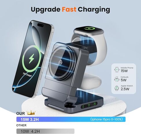شاحن لاسلكي 3 في 1، محطة شحن قابلة للطي لشحن أجهزة Apple Samsung المتعددة، حامل شحن مغناطيسي، محطة شحن محمولة سريعة السفر بقدرة 15 وات لهواتف iPhone، TWS، iWatch (رمادي داكن) in Kuwait