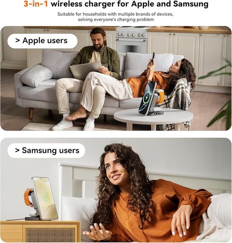 شاحن لاسلكي 3 في 1، محطة شحن قابلة للطي لشحن أجهزة Apple Samsung المتعددة، حامل شحن مغناطيسي، محطة شحن محمولة سريعة السفر بقدرة 15 وات لهواتف iPhone، TWS، iWatch (رمادي داكن) in Kuwait