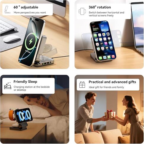 شاحن لاسلكي 3 في 1، محطة شحن قابلة للطي لشحن أجهزة Apple Samsung المتعددة، حامل شحن مغناطيسي، محطة شحن محمولة سريعة السفر بقدرة 15 وات لهواتف iPhone، TWS، iWatch (رمادي داكن) in Kuwait