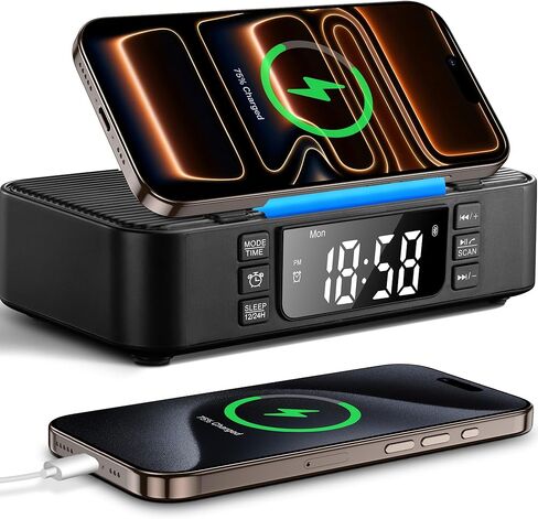 9-in-1 Wireless Charging Station with Bluetooth Speaker, Alarm Clock, FM Radio, Night Light – Compatible iPhone 17/16/15/SamsungS25/S24/Android, USB/Type-C/AUX, Phone Holder, DP-013C Black in Saudi Arabia