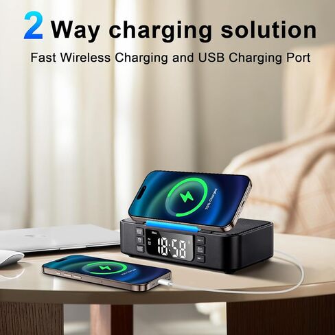 9-in-1 Wireless Charging Station with Bluetooth Speaker, Alarm Clock, FM Radio, Night Light – Compatible iPhone 17/16/15/SamsungS25/S24/Android, USB/Type-C/AUX, Phone Holder, DP-013C Black in Saudi Arabia