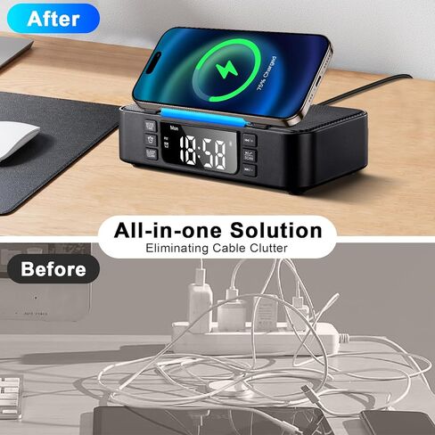 9-in-1 Wireless Charging Station with Bluetooth Speaker, Alarm Clock, FM Radio, Night Light – Compatible iPhone 17/16/15/SamsungS25/S24/Android, USB/Type-C/AUX, Phone Holder, DP-013C Black in Saudi Arabia