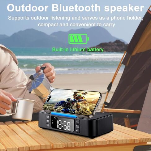 9-in-1 Wireless Charging Station with Bluetooth Speaker, Alarm Clock, FM Radio, Night Light – Compatible iPhone 17/16/15/SamsungS25/S24/Android, USB/Type-C/AUX, Phone Holder, DP-013C Black in Saudi Arabia