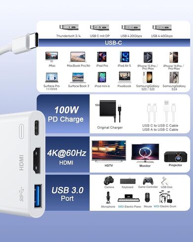 USB C to HDMI Adapter 4K@60Hz, 100W PD Fast Charging, USB 3.0 Multiport Hub – Digital AV Converter Compatible with iPhone 15/16/17, MacBook Pro/Air, iPad Pro, Galaxy, Switch, Surface, and More in Saudi Arabia