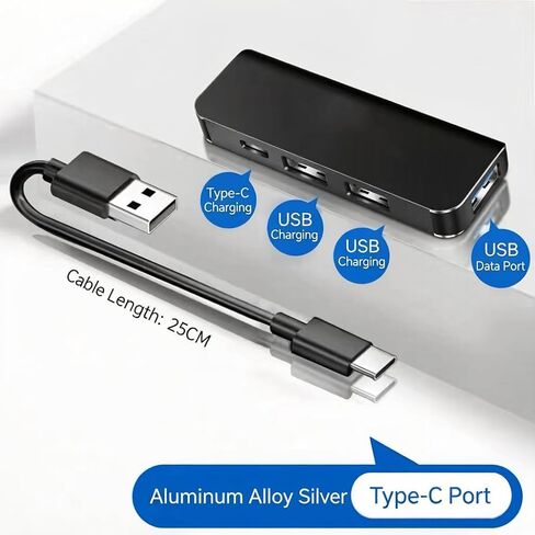 Car Accessories 4-in-1 Car USB Hub Equipped with a Data Interface and Multiple Type-C/USB-A Fast Charging interfaces，USB Hub for iPhone,iPad,Samsung Galaxy,USB Flash Drive，Android（Black） in Saudi Arabia