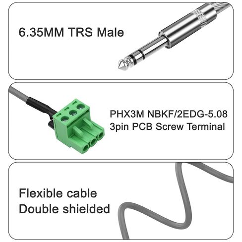 XMSJSIY 6.35mm TRS to 3-pin Phoenix Audio Cable 1/4" Stereo Male to 5.08mm Pitch 3 Pin PCB Screw Terminal Block Adapter Connector Cord for Guitar Speakers Cable DIY-0.5M/1.6FT in Saudi Arabia