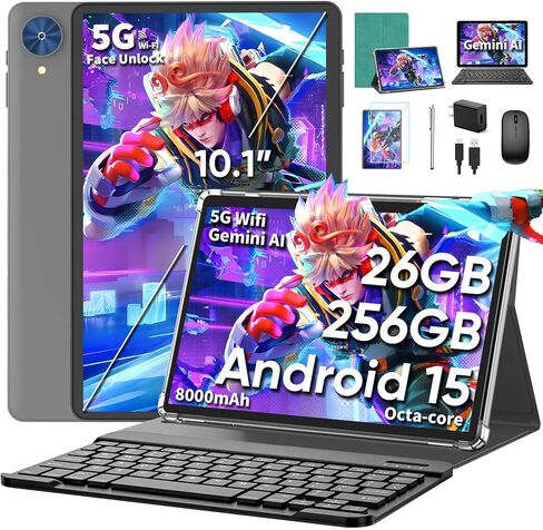 10 Inch Tablet, 2026 Android 15 Tablet with Keyboard, 26GB+256GB+2TB Expand, Tablets PC with Gemini AI, Octa-Core, 8000mAh, 5G WiFi, Widevine L1, GMS, 2 in 1 Tablets with Case, Mouse, Stylus (Black) in Kuwait