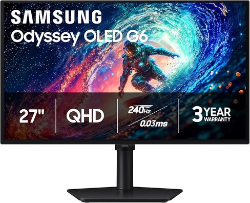 Samsung 27" Odyssey OLED G6 (G61SH) Gaming Monitor - QD-OLED, QHD (1440P), 240Hz, 0.03ms, Glare-Free, Pantone Validated, HDR10, Height-adjustable stand, OLED Safeguard, 3 Year Warranty, LS27HG612SNXZA in Saudi Arabia