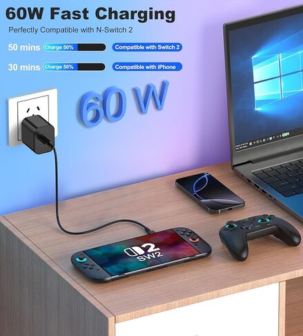 شاحن سويتش 2 - محول طاقة تيار متردد بقدرة 60 وات لجهاز نينتندو سويتش/OLED/Lite & Steam Deck/OLED، كابل USB-C، جودة أصلية، يدعم وضع التلفزيون 4K، شاحن سريع PD3.0 لمحول PS 4، Galaxy in Kuwait