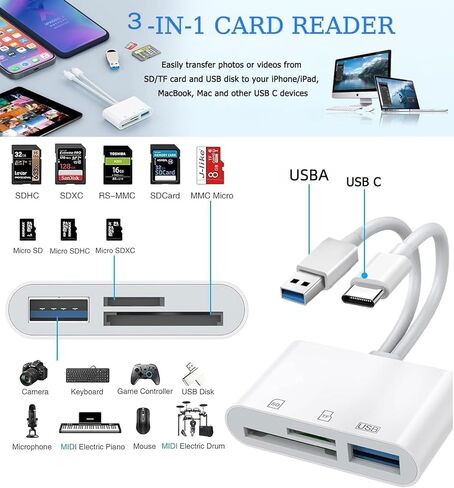 2 حزمة USB C قارئ بطاقة SD لأجهزة iPhone/iPad، قارئ بطاقة SD، فتحة بطاقة مزدوجة USB 2.0 قارئ بطاقة الذاكرة يدعم SD/TF بطاقة Trail Camera Viewer SD بطاقة محول قارئ بطاقات Micro SD المحمول in Kuwait