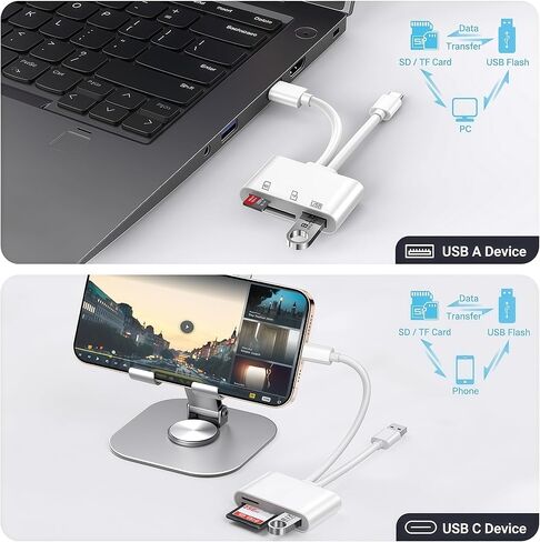 2 حزمة USB C قارئ بطاقة SD لأجهزة iPhone/iPad، قارئ بطاقة SD، فتحة بطاقة مزدوجة USB 2.0 قارئ بطاقة الذاكرة يدعم SD/TF بطاقة Trail Camera Viewer SD بطاقة محول قارئ بطاقات Micro SD المحمول in Kuwait