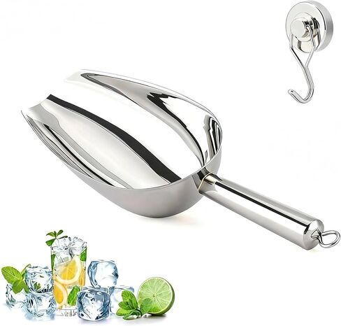 12 Oz 304 Stainless Steel Ice Scoop with Magnetic Hook - Heavy Duty Commercial Ice Shovel for Ice Maker & Freezer, Large Scooper for Bar, Kitchen, Party & Pet Food, Easy to Clean (Silver) in Saudi Arabia