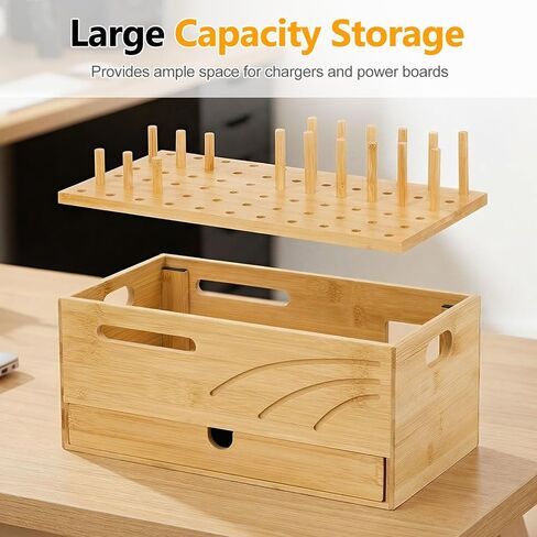 منظم محطة شحن Homde Bamboo: حامل شاحن من طبقتين مع درج للمكتب والمنزل - حامل إرساء إلكتروني لأجهزة متعددة، وأجهزة لوحية، وهواتف in Kuwait