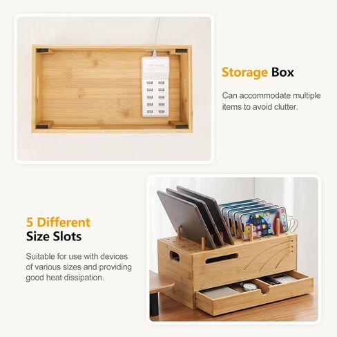 منظم محطة شحن Homde Bamboo: حامل شاحن من طبقتين مع درج للمكتب والمنزل - حامل إرساء إلكتروني لأجهزة متعددة، وأجهزة لوحية، وهواتف in Kuwait