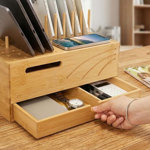 منظم محطة شحن Homde Bamboo: حامل شاحن من طبقتين مع درج للمكتب والمنزل - حامل إرساء إلكتروني لأجهزة متعددة، وأجهزة لوحية، وهواتف in Kuwait