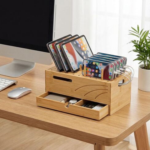 منظم محطة شحن Homde Bamboo: حامل شاحن من طبقتين مع درج للمكتب والمنزل - حامل إرساء إلكتروني لأجهزة متعددة، وأجهزة لوحية، وهواتف in Kuwait